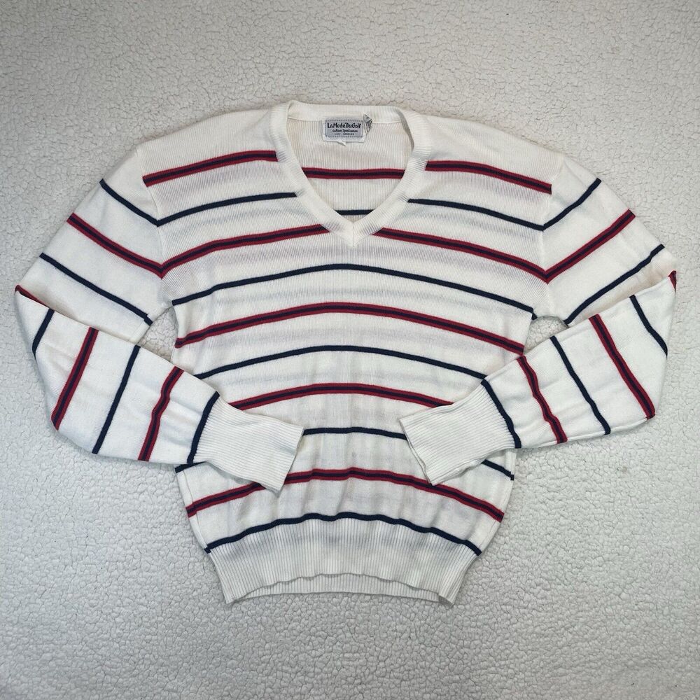 Vintage La Mode Du Golf Sweater Mens L V Neck Red White Blue Stripe Knit